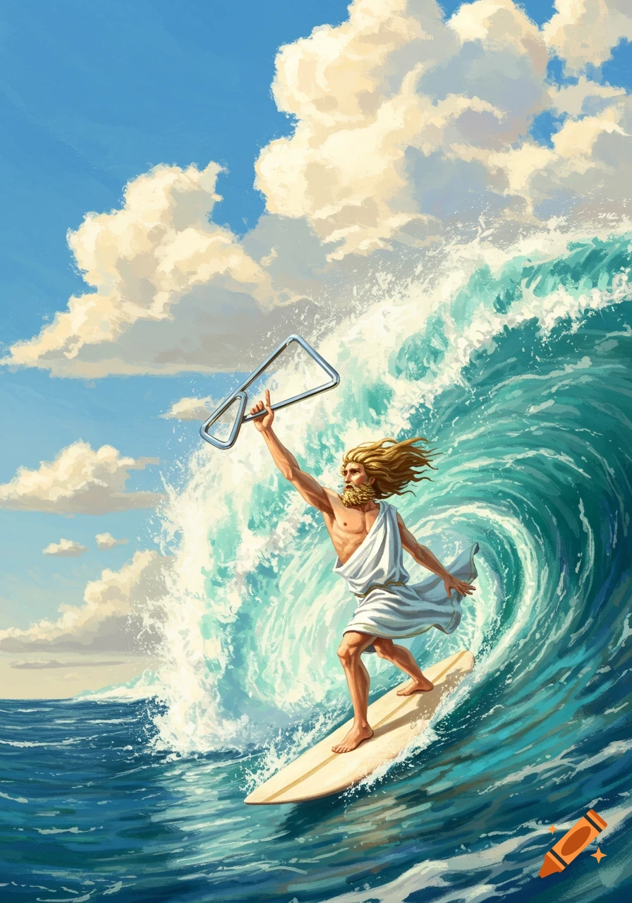 An illustrated man resembling Pythagoras in a toga surfs a large ocean wave, holding a music triangle aloft under a cloudy blue sky.