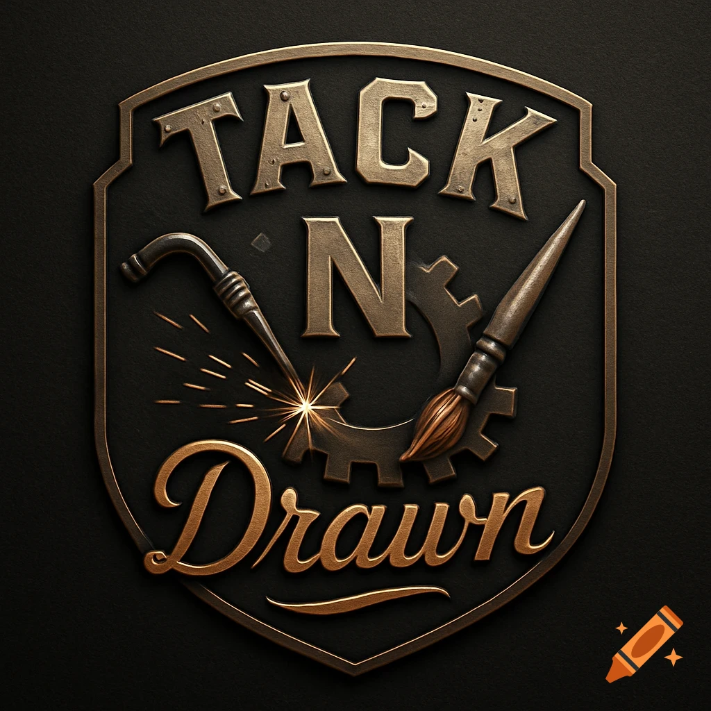 A bronze and gold industrial emblem logo with the words 'TACK N Drawn', a welding torch, a paintbrush, and a gear.