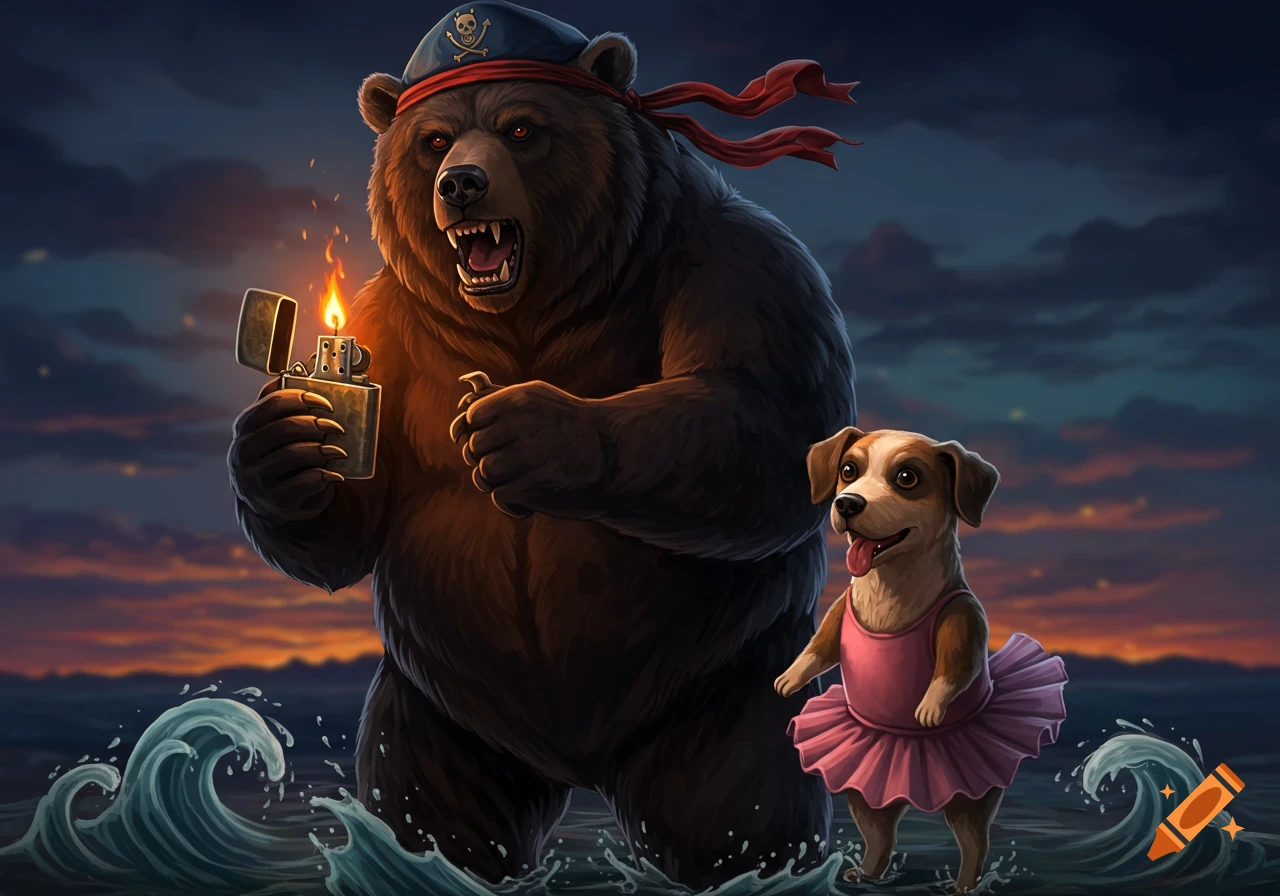 Cartoon pirate bear holding a lit lighter and a dog in a pink tutu standing in water against a sunset sky, illustrated.