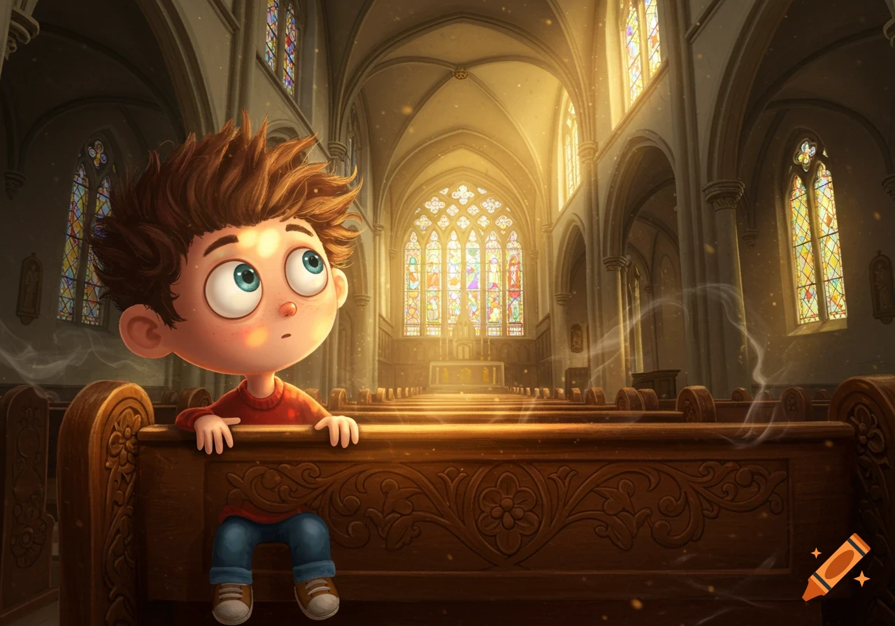A wide-eyed cartoon boy with spiky brown hair sits in a wooden church pew, looking up at the bright stained glass windows.