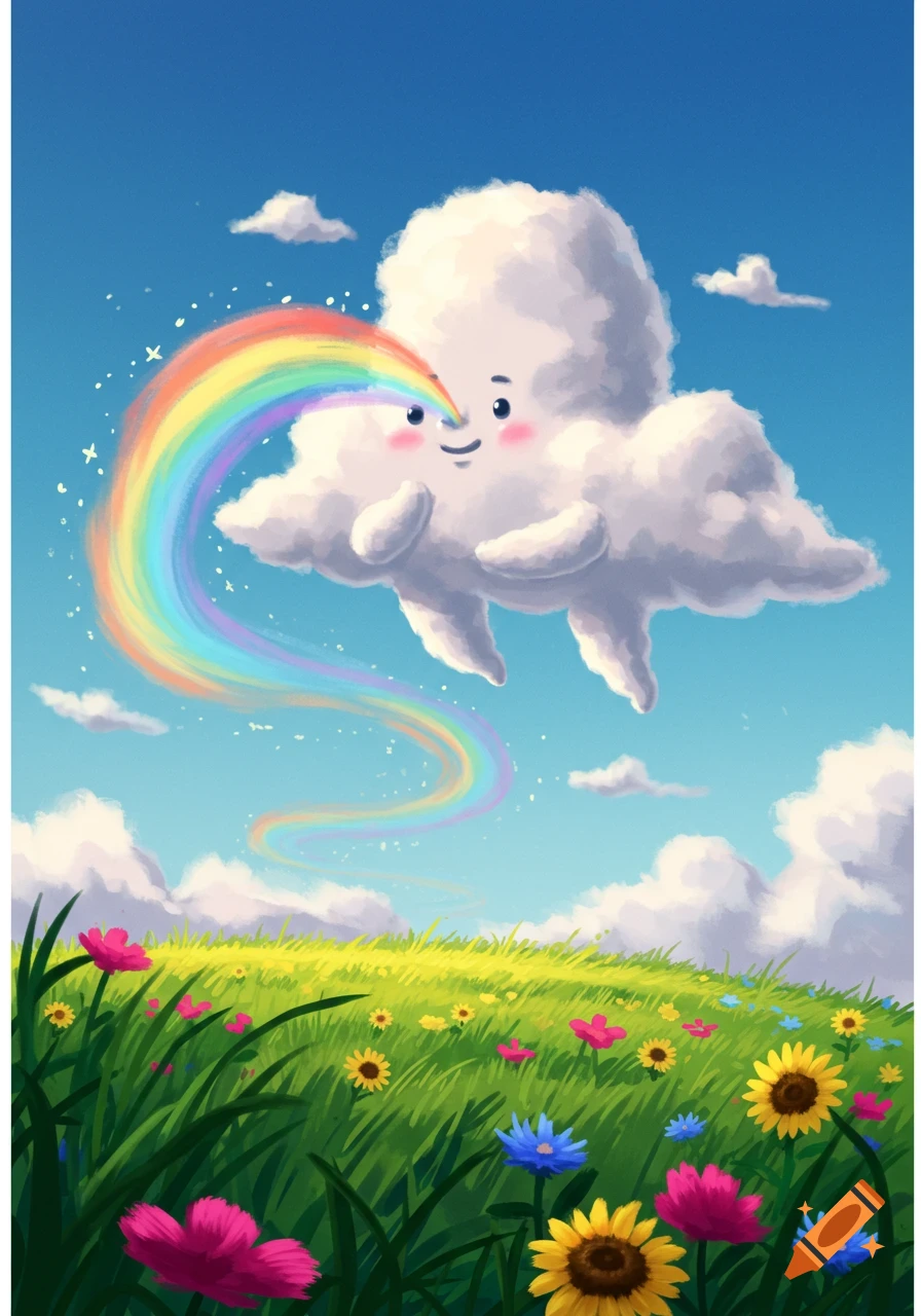 A whimsical cartoon cloud with a smiling face floats above a vibrant field of flowers, emitting a colorful rainbow.