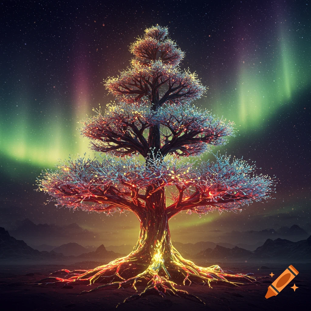 A glowing, tiered fractal tree with luminous roots under a vibrant aurora borealis and starry night sky.