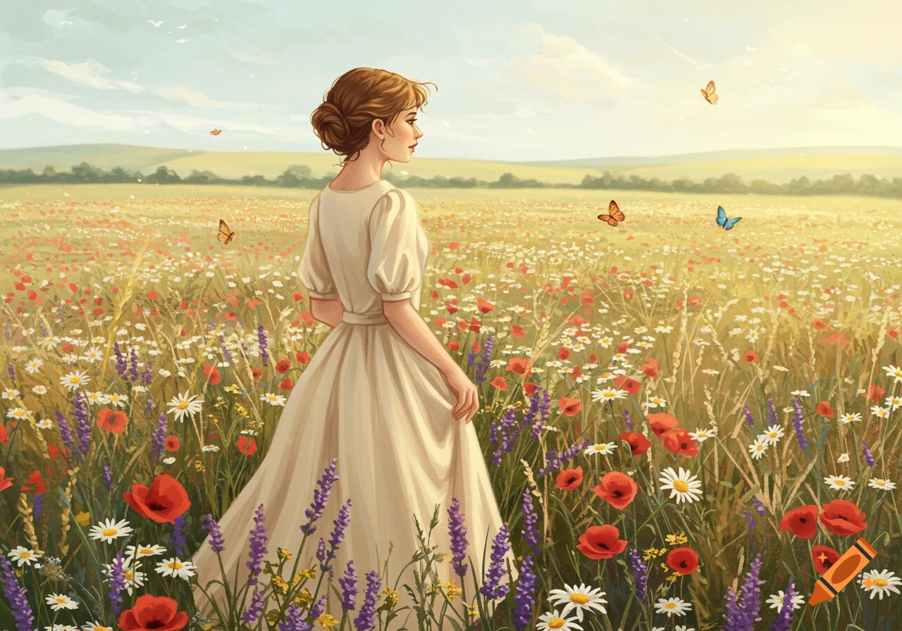 An illustrated woman in a cream dress stands in a sunny wildflower field with poppies, daisies, lavender, and butterflies.