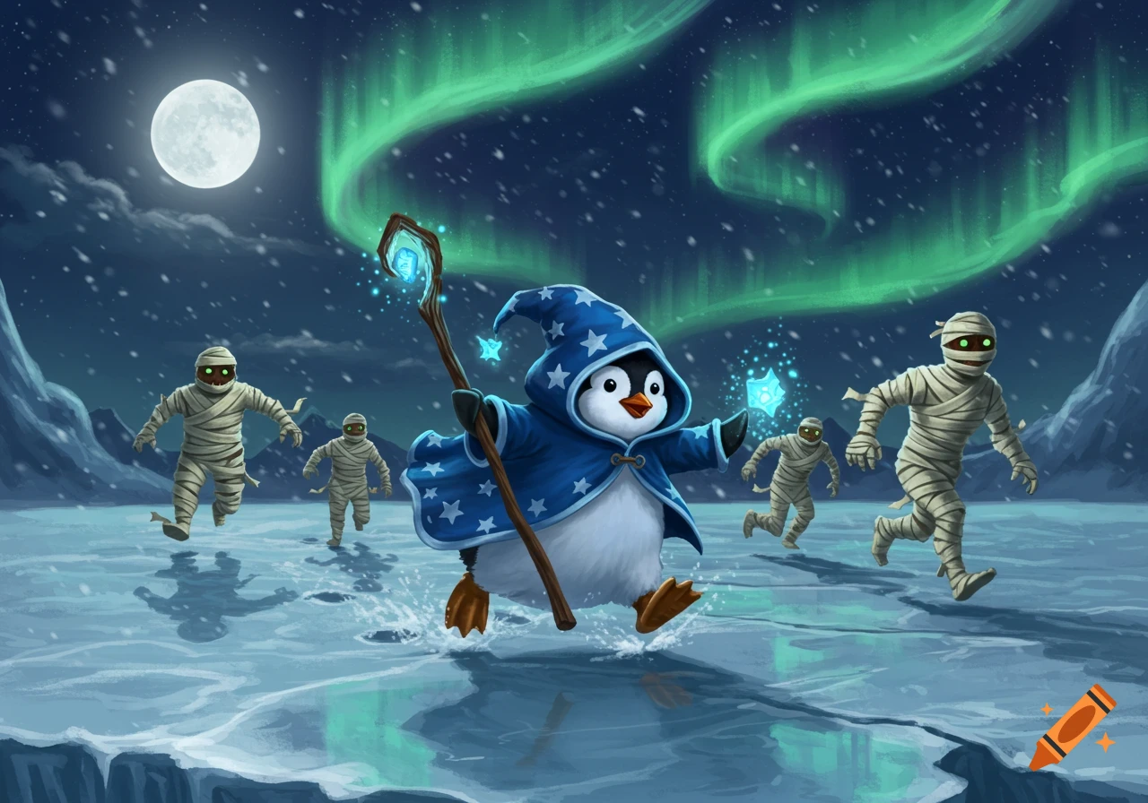 A cute mage penguin wearing a starry blue robe and holding a magical staff runs on ice under a full moon and green aurora, pursued by cartoon mummies.