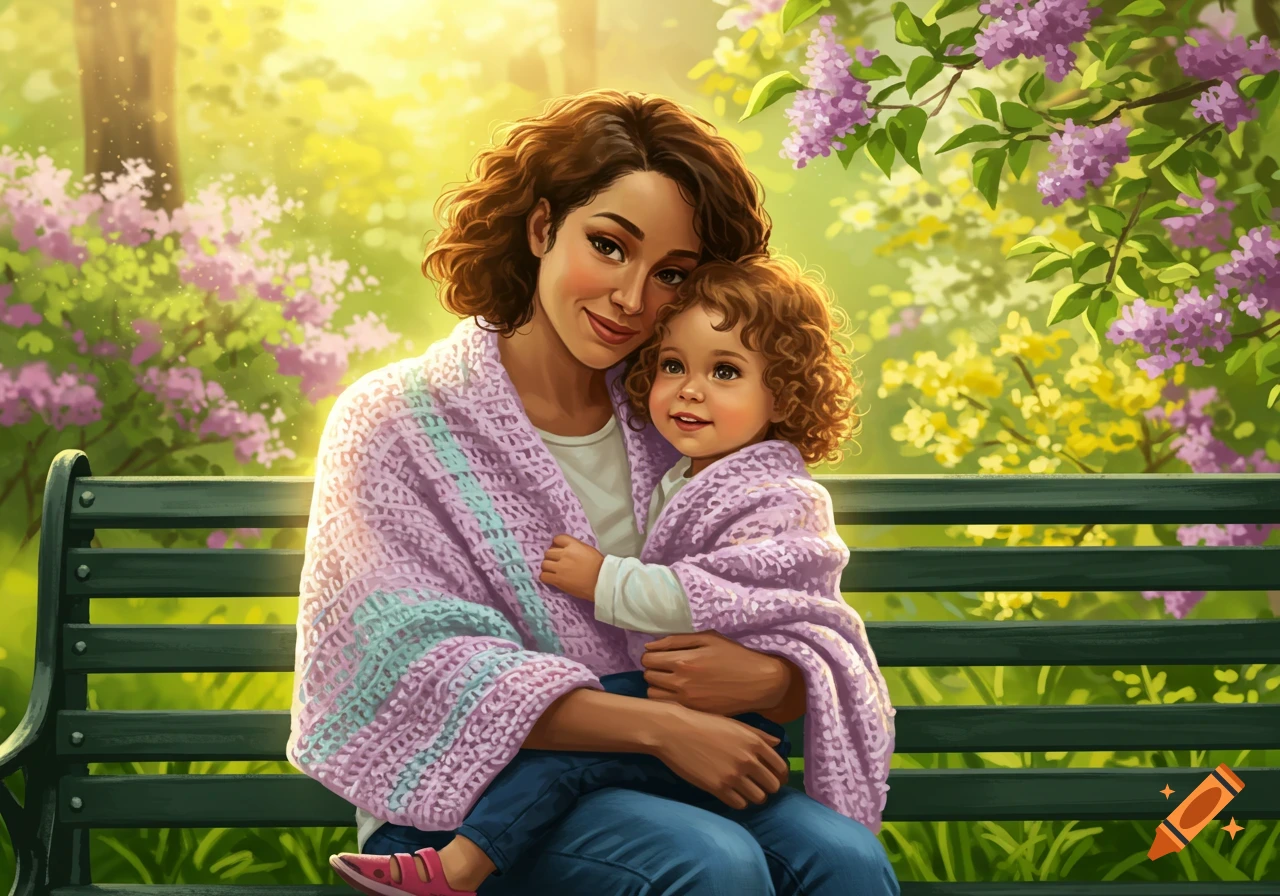 A mother holding her child on a park bench, bathed in warm sunlight with purple flowers in the background, in an illustrative style.