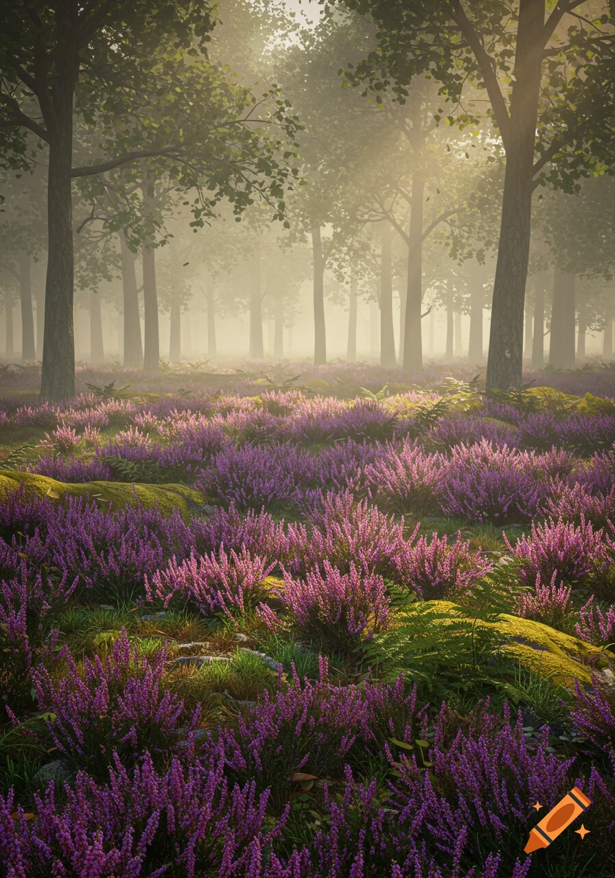 Misty forest floor covered in vibrant purple heather flowers and green moss, with tall trees backlit by a soft glow.