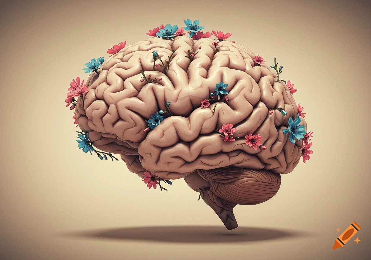 A detailed human brain sprouts pink and blue flowers, floating above a vintage-toned background.