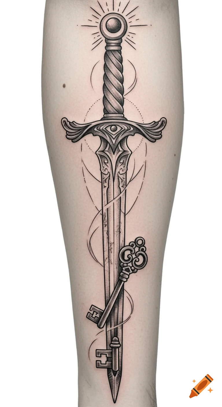 Black-and-gray tattoo of a fantasy sword with intricate engravings and a stylized sun, alongside ornate vintage keys, on a leg.