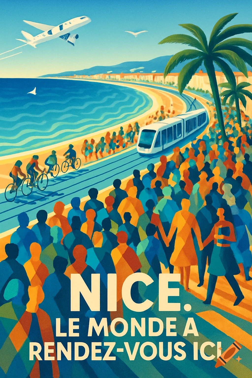 Stylized poster art of a bustling coastal city with a beach, tram, airplane, and crowd, text reads: NICE. LE MONDE A RENDEZ-VOUS ICI.