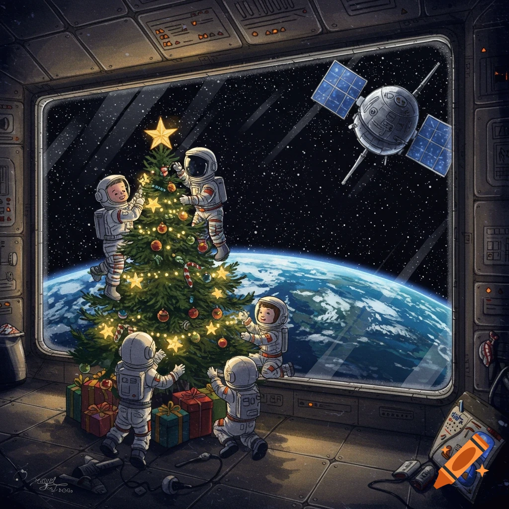 Cartoon illustration of astronaut kids decorating a Christmas tree inside a spaceship, with Earth and a satellite visible through the window.