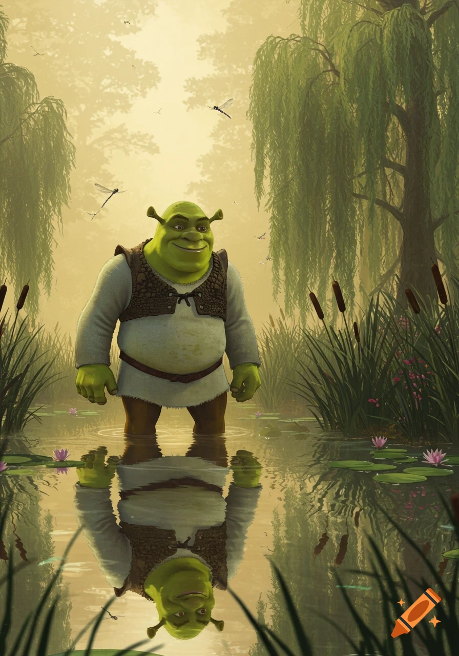 Shrek stands waist-deep in a misty swamp with cattails, water lilies, and dragonflies, reflecting in the calm water.