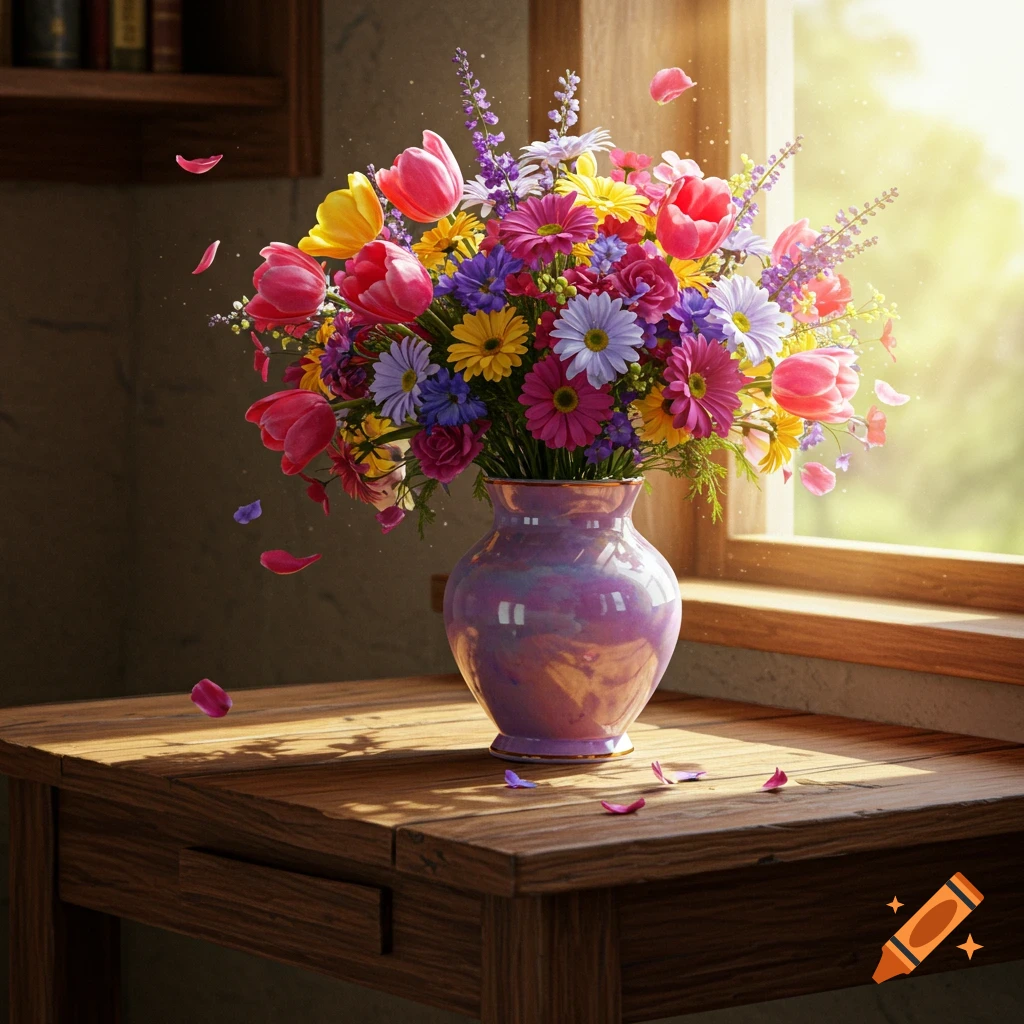 A vibrant bouquet of colorful flowers in a purple iridescent vase sits on a wooden table, bathed in sunlight from a window.