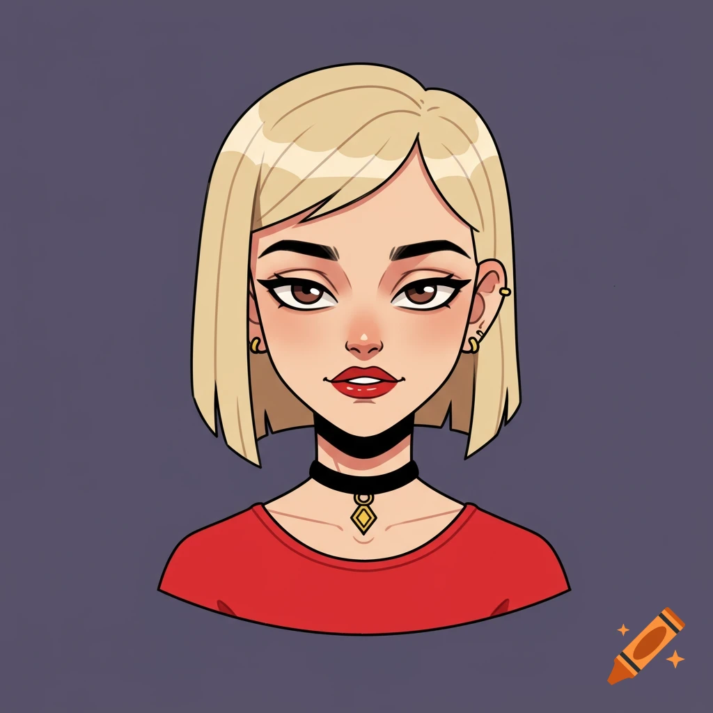 A front-facing cartoon avatar of a blonde woman with a short bob haircut, hazel eyes, red lipstick, and a red shirt, styled with clean black outlines and flat shading.