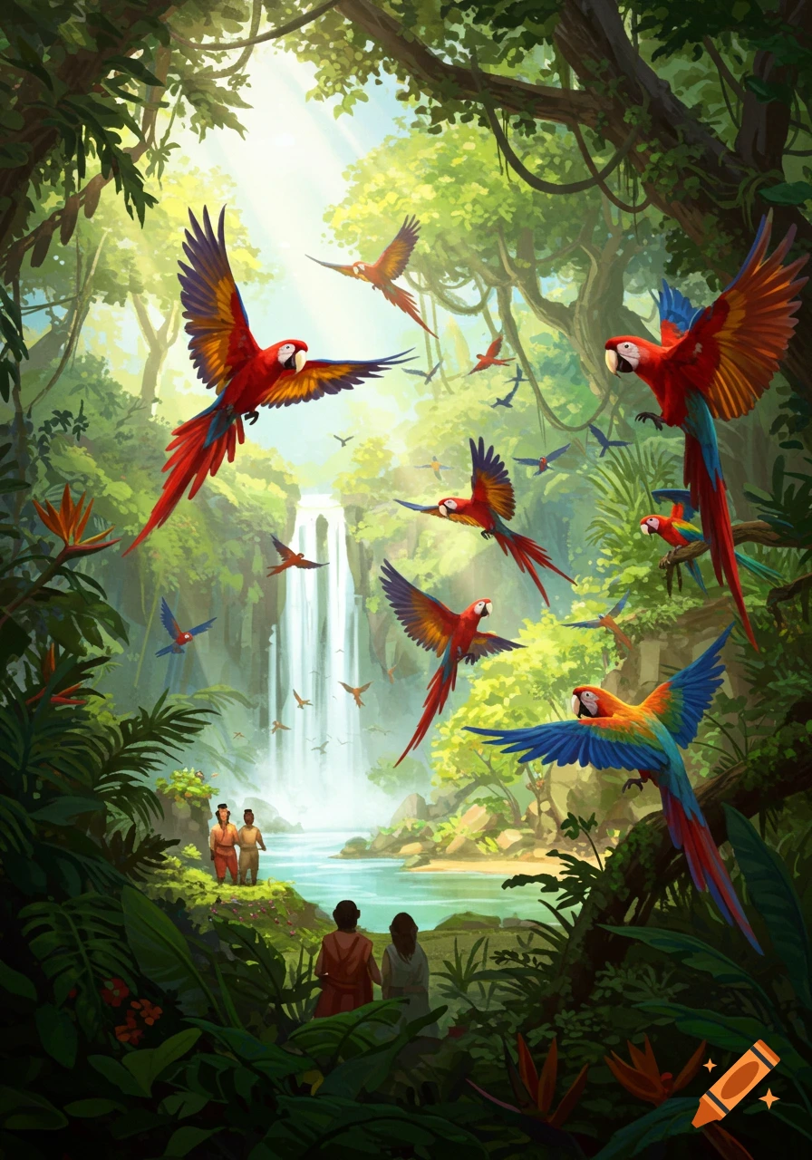 A vibrant, painterly jungle scene with many red and blue macaws flying around a waterfall, with a few people in the foreground.
