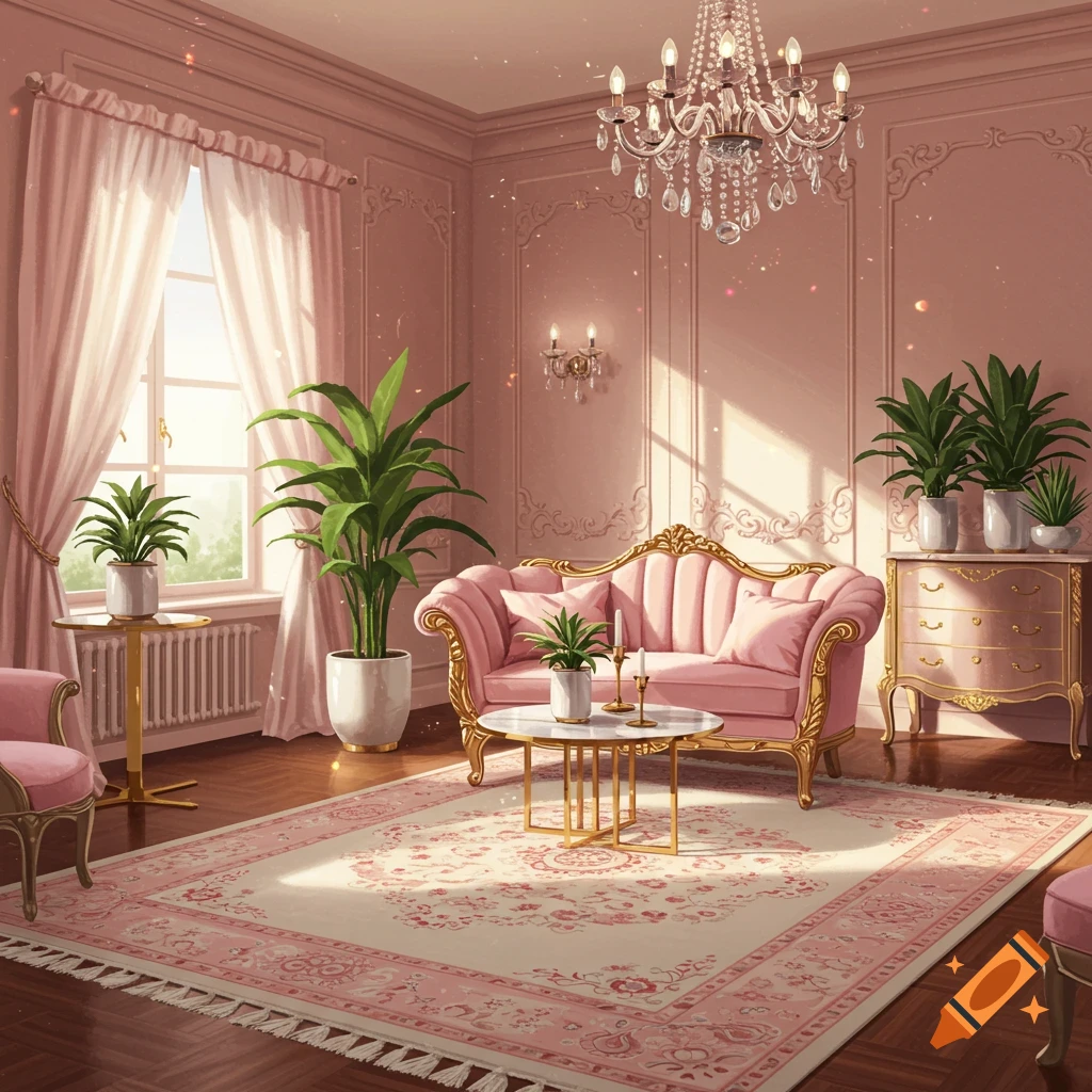 Anime Inspired Royal Bedroom With Pink Walls and Green Chandelier created  on Craiyon, image size:1024x1024