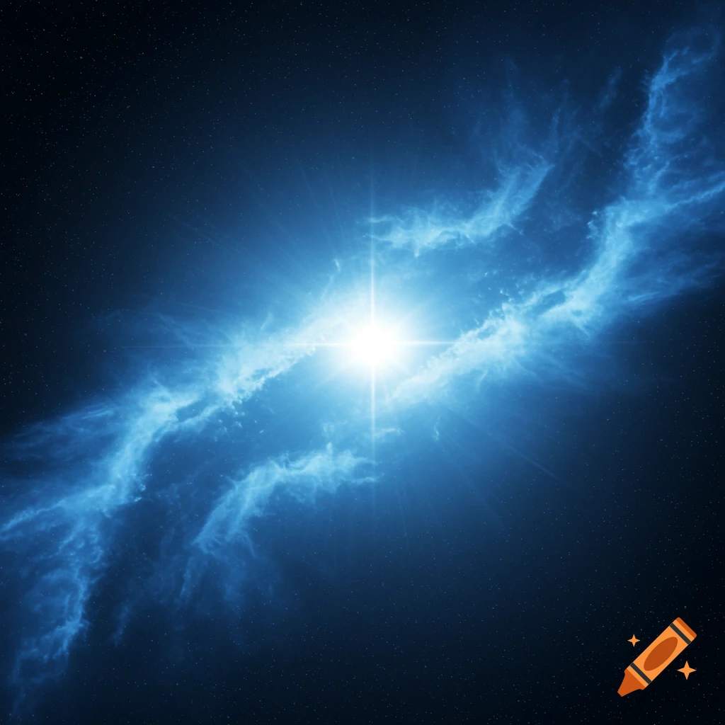A bright blue star shines through a billowy blue nebula in a dark star field.
