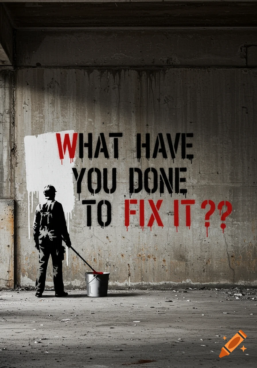 Banksy-inspired street art on a concrete wall with text 'WHAT HAVE YOU DONE TO FIX IT??' and a person painting over it.
