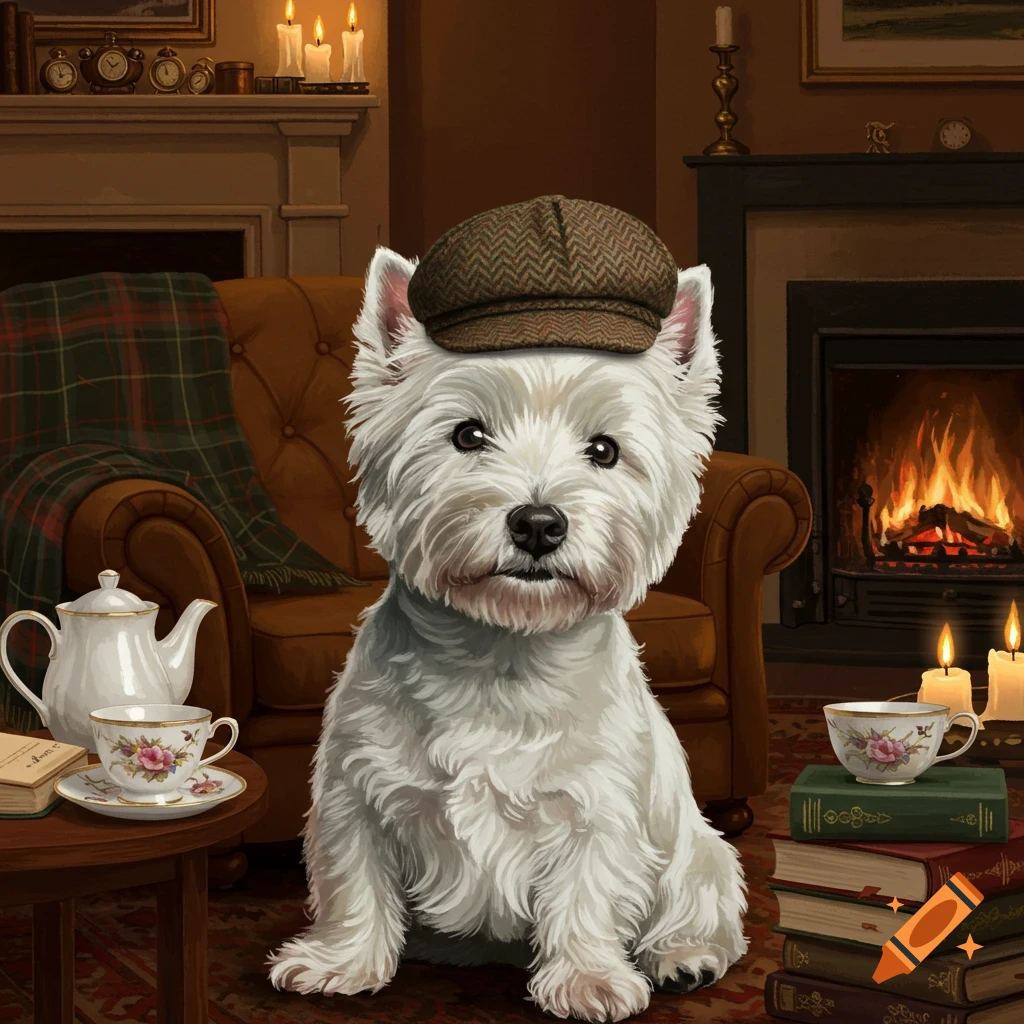 An illustrative Westie dog wearing a brown flat cap sits in a cozy room with a fireplace, armchair, teacups, and books.