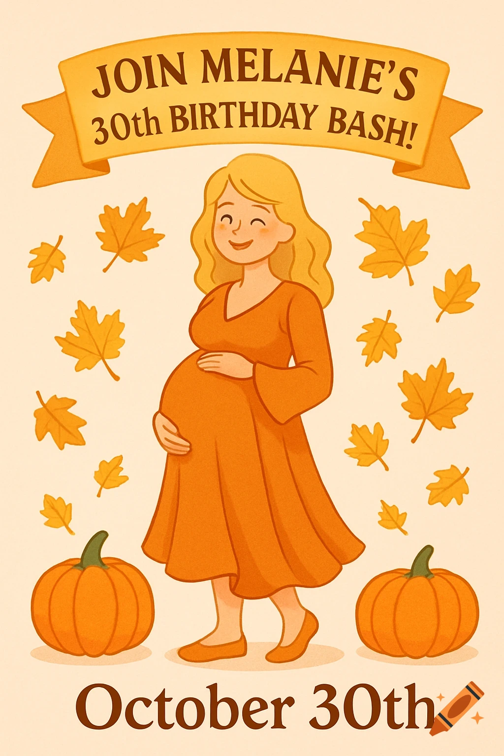 Clipart of a smiling pregnant woman in orange, surrounded by autumn leaves and pumpkins, for a 30th birthday invitation.