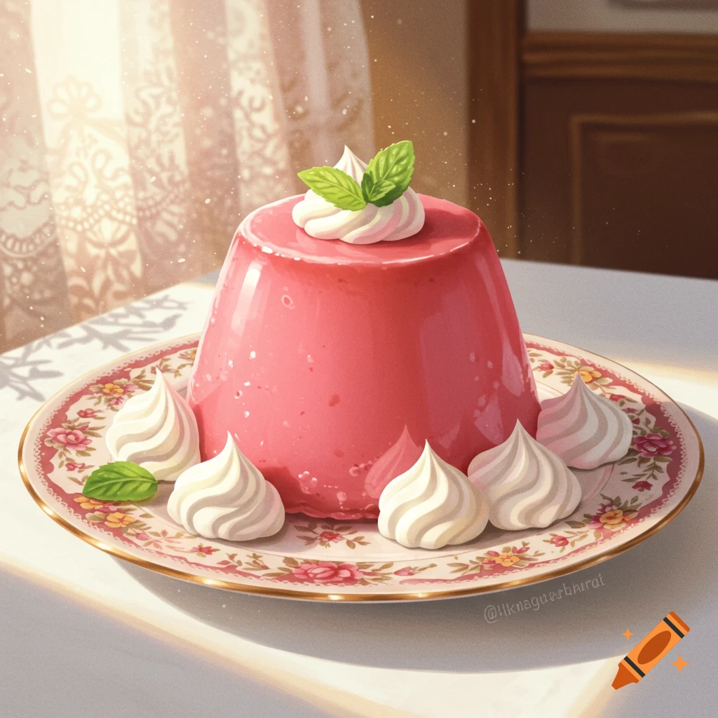 A bright pink pudding topped with whipped cream and mint, surrounded by meringues on a floral plate, illuminated by sunlight.