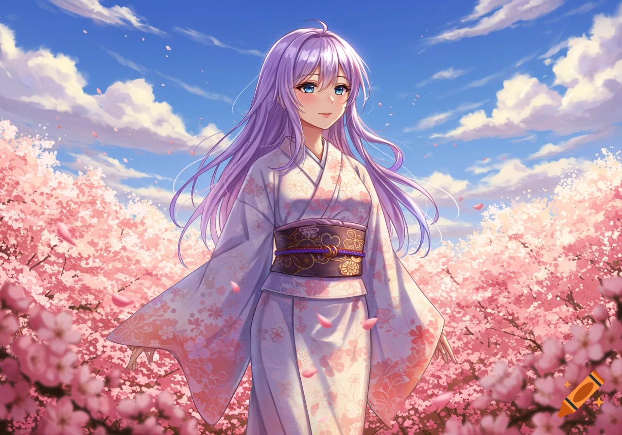 An anime girl with purple hair in a kimono stands amidst pink cherry blossoms under a blue sky.