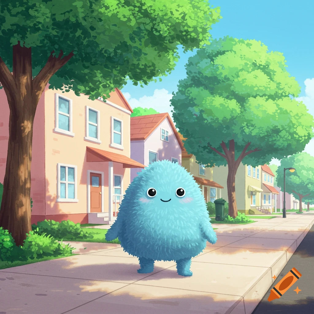A cute, furry, blue, round cartoon character with small arms and legs stands on a sunny sidewalk in a suburban neighborhood with houses and trees.