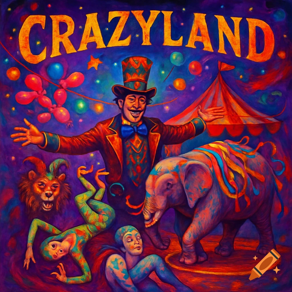A vibrant, psychedelic circus album cover with 'CRAZYLAND' text, a ringmaster, elephant, lion head, and two contortionists.