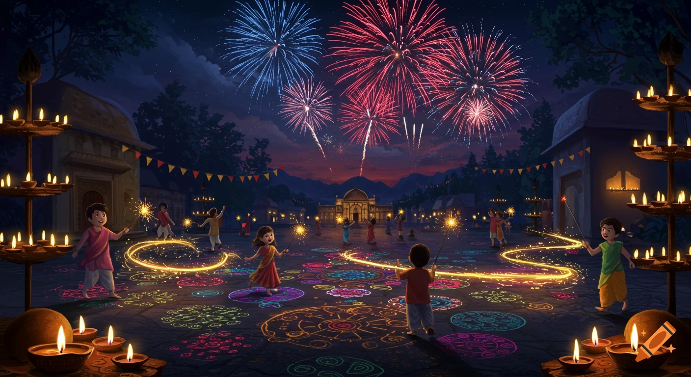 Children celebrate Diwali at night with sparklers, glowing rangoli, lit diyas, and colorful fireworks overhead.