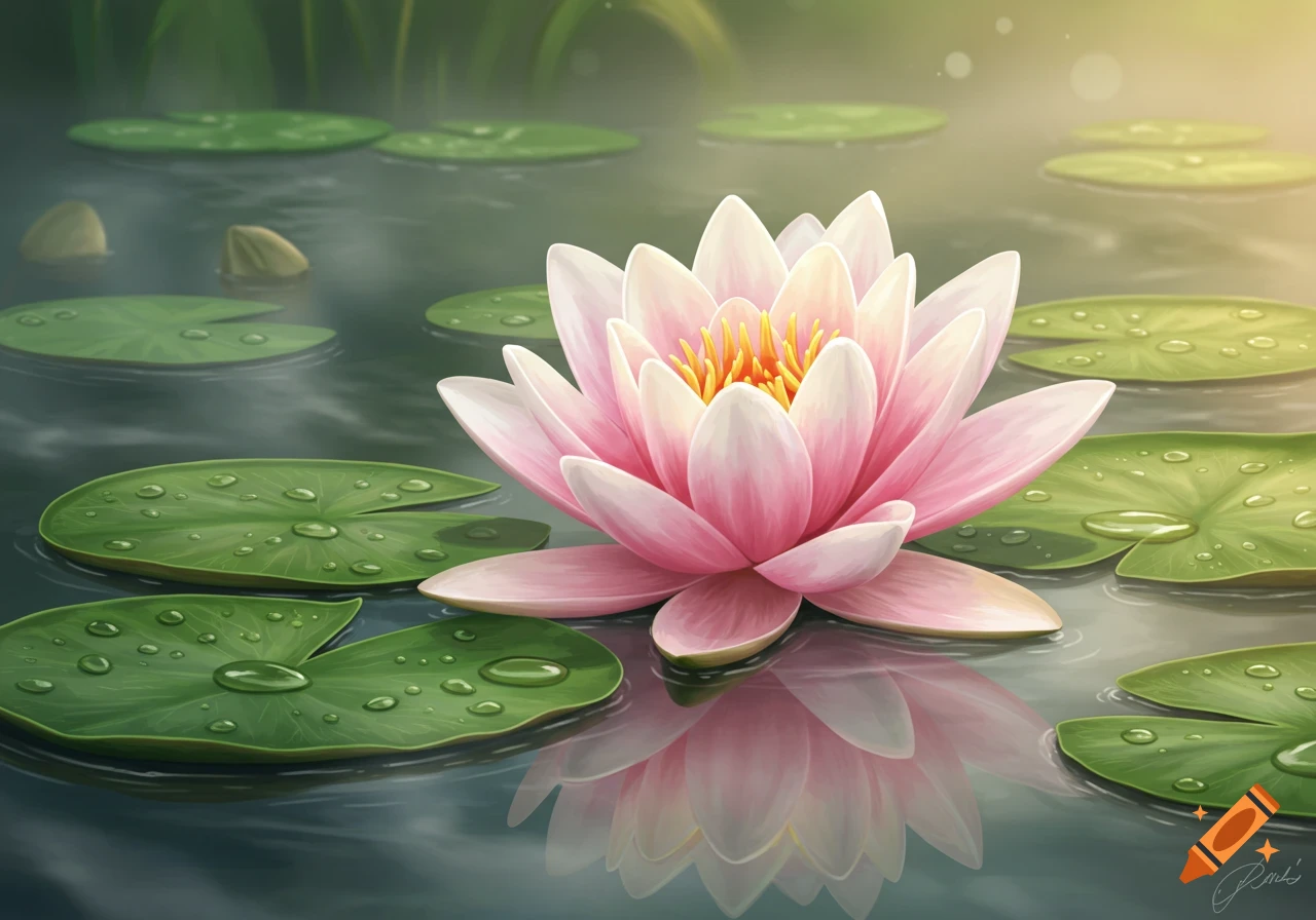 A vibrant pink and white lotus flower floats on dark water amidst green lily pads with water droplets, rendered in a painterly style.