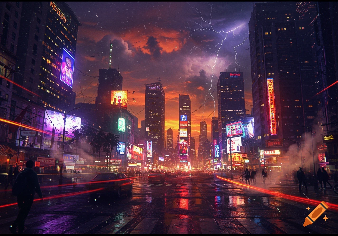 A futuristic city at night, illuminated by neon signs and light trails on a wet street. A dramatic, cloudy sky with lightning fills the background.