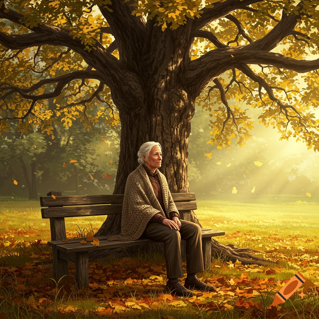 An elderly person sits on a wooden bench under a large tree with golden autumn leaves in a sunlit park, digital painting.