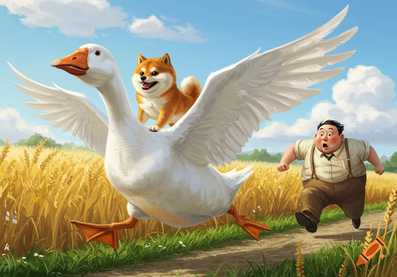 A cartoon goose with a small Shiba Inu on its back chases a surprised man through a sunny wheat field.