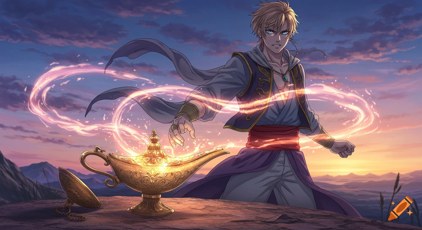 An anime-style blond man with blue eyes, dressed like Aladdin, stands by a glowing magic lamp at sunset, summoning magic.