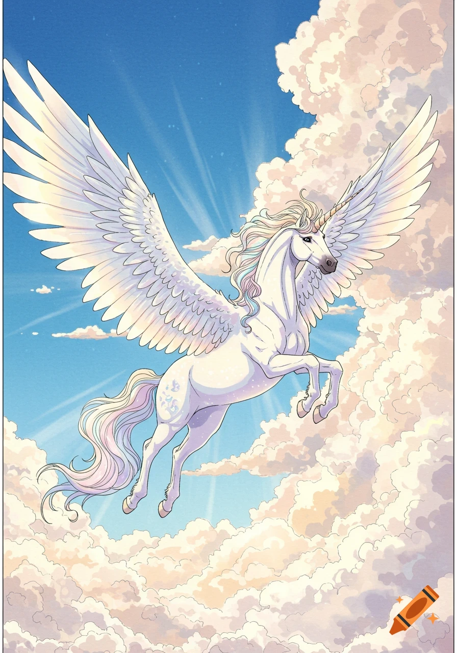 Manga-style illustration of a white winged unicorn with a pastel mane flying through a bright, cloudy sky.