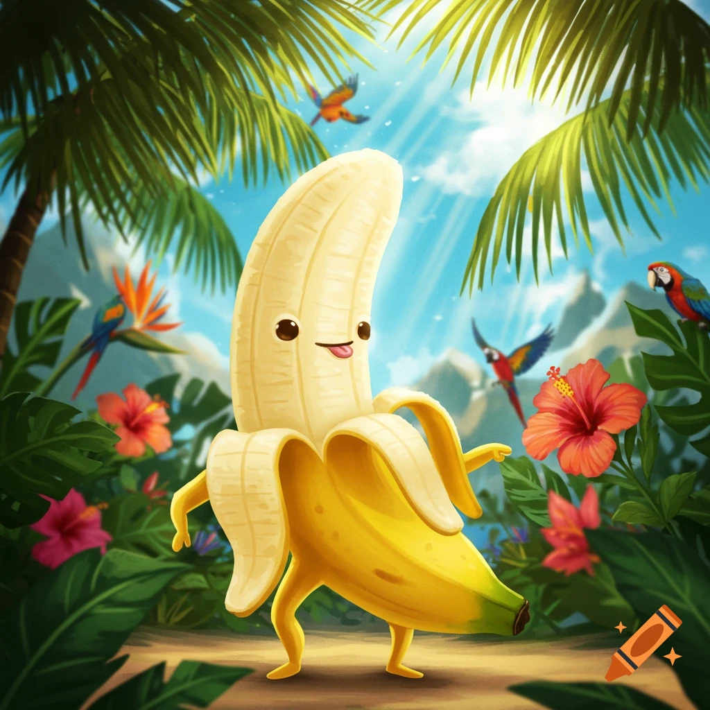 A cheerful, partially peeled cartoon banana character with arms and legs stands in a vibrant tropical jungle with palm trees, flowers, and parrots.
