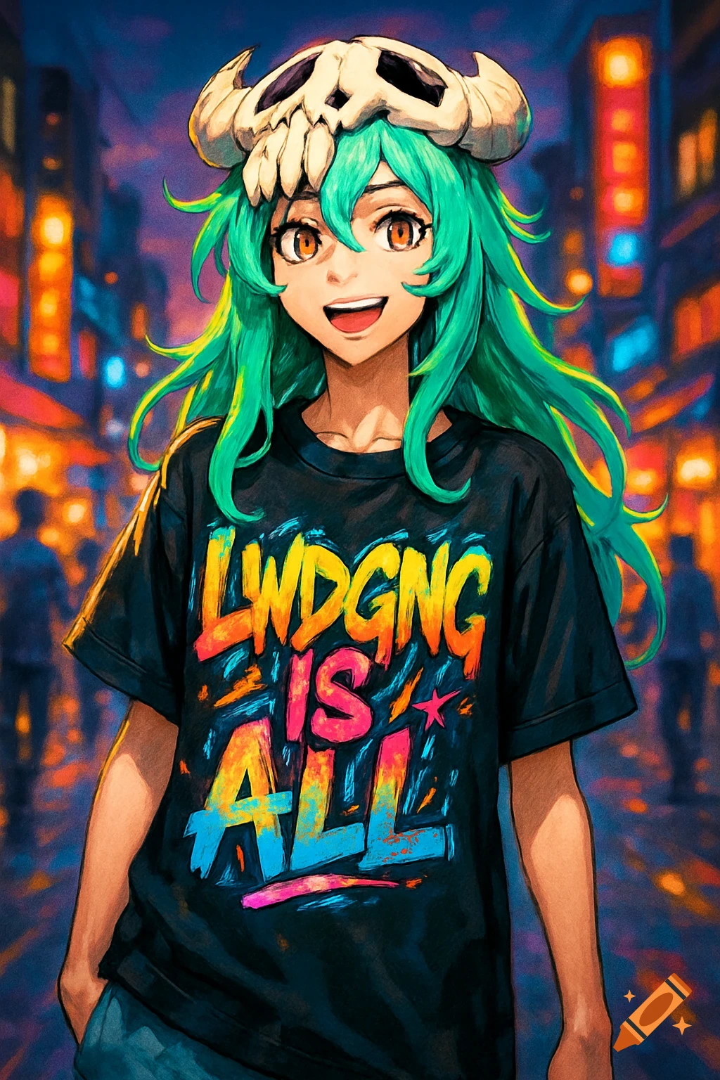 An anime girl with green hair and a skull mask, wearing a black t-shirt with 'LWDGNG IS ALL' text, stands in a vibrant city at night.