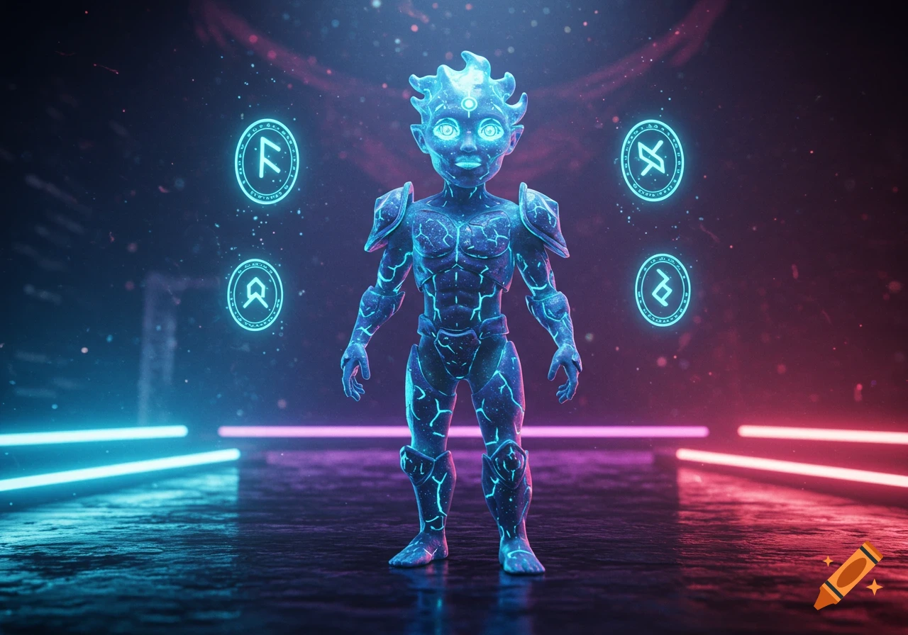 A glowing blue humanoid alien character with spiky head and armor stands in a dark, futuristic setting with neon lights and floating runes.