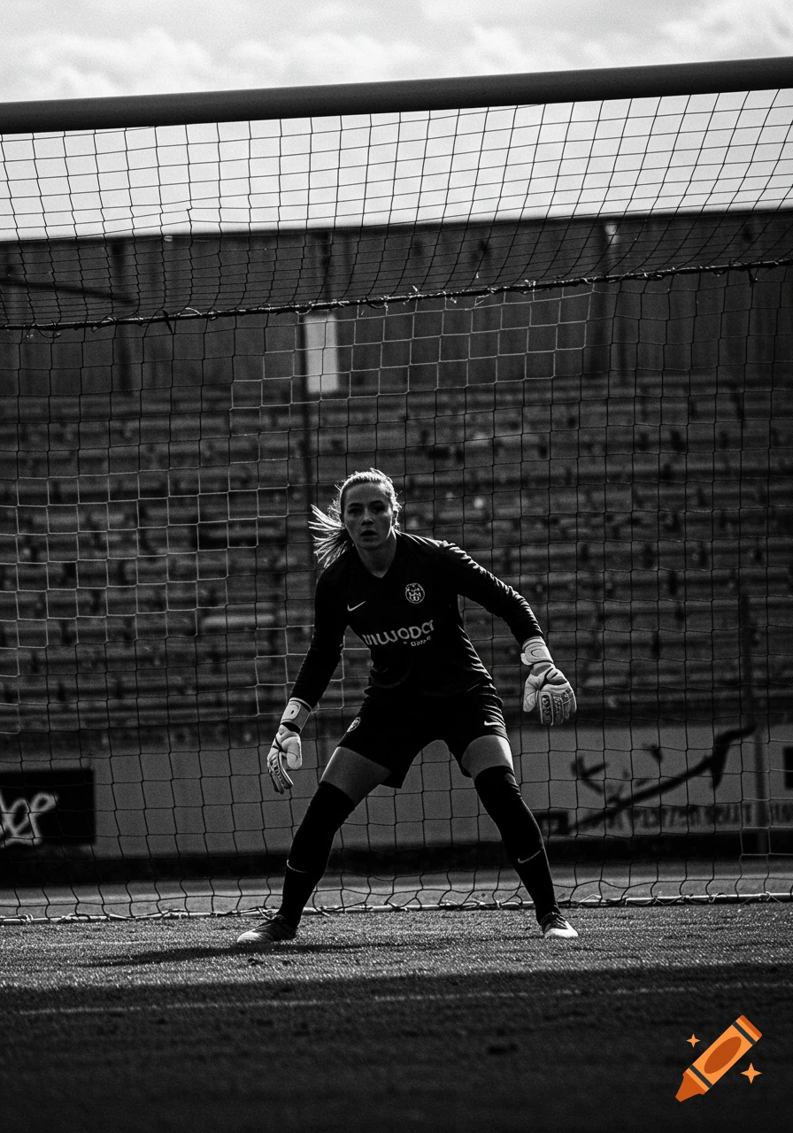 Black and white photorealistic image of a female soccer goalkeeper in uniform standing ready in front of a goal net on a field.