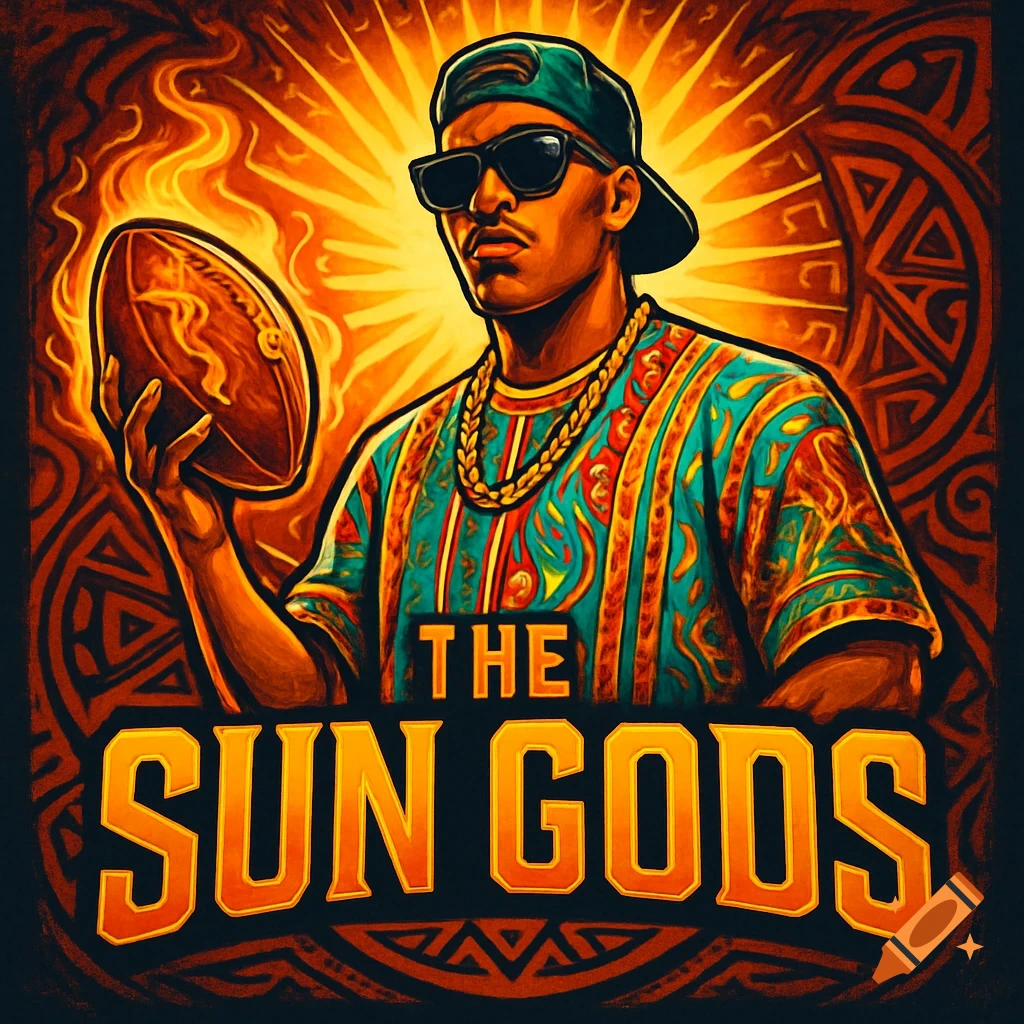 A digital art logo featuring a man dressed as a 90s rapper, holding a glowing football, with 'THE SUN GODS' text below.