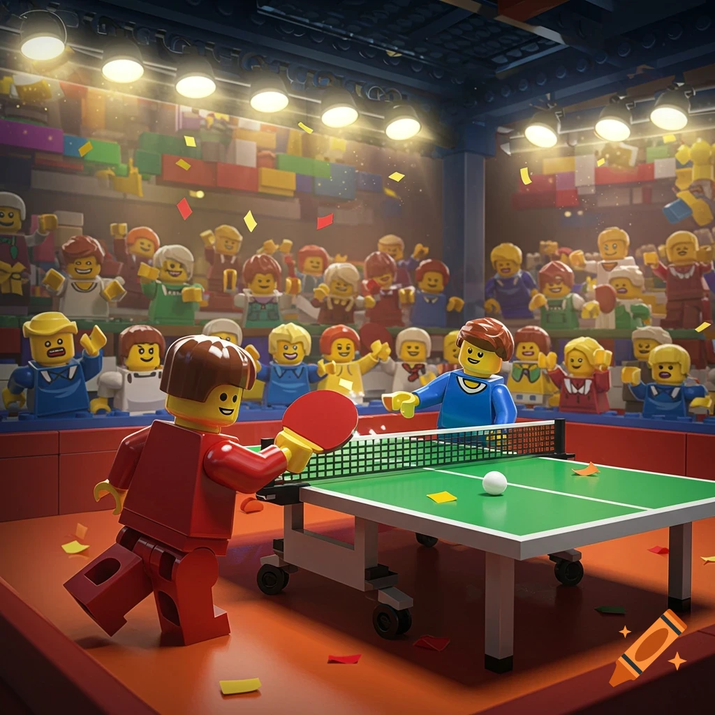Lego minifigures playing table tennis in a brightly lit arena filled with cheering spectators.