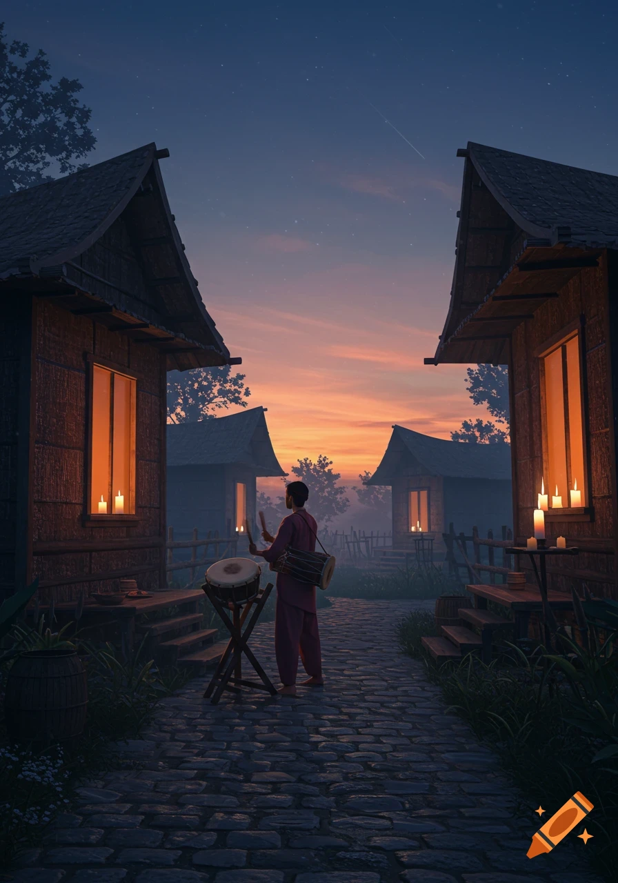 A person plays drums on a stone path between traditional houses at dusk, with candles glowing in windows and a colorful sky.