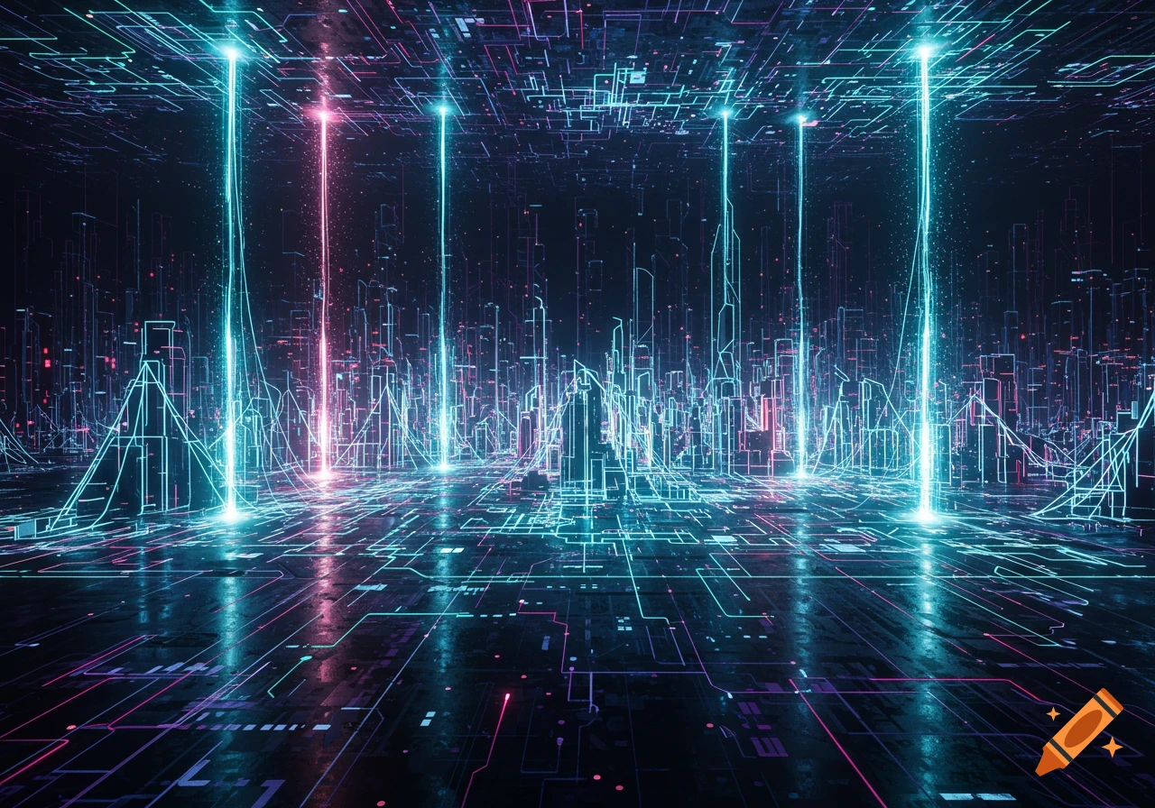 Abstract neon cityscape made of data lines with glowing blue and pink light beams, futuristic digital art.