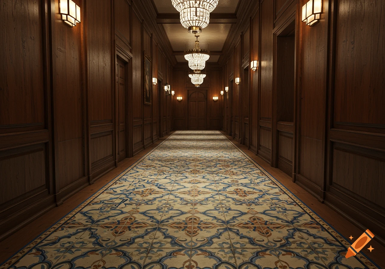 A long, luxurious hotel hallway with rich wood paneling, ornate wall sconces, crystal chandeliers, and a detailed blue and white patterned rug.
