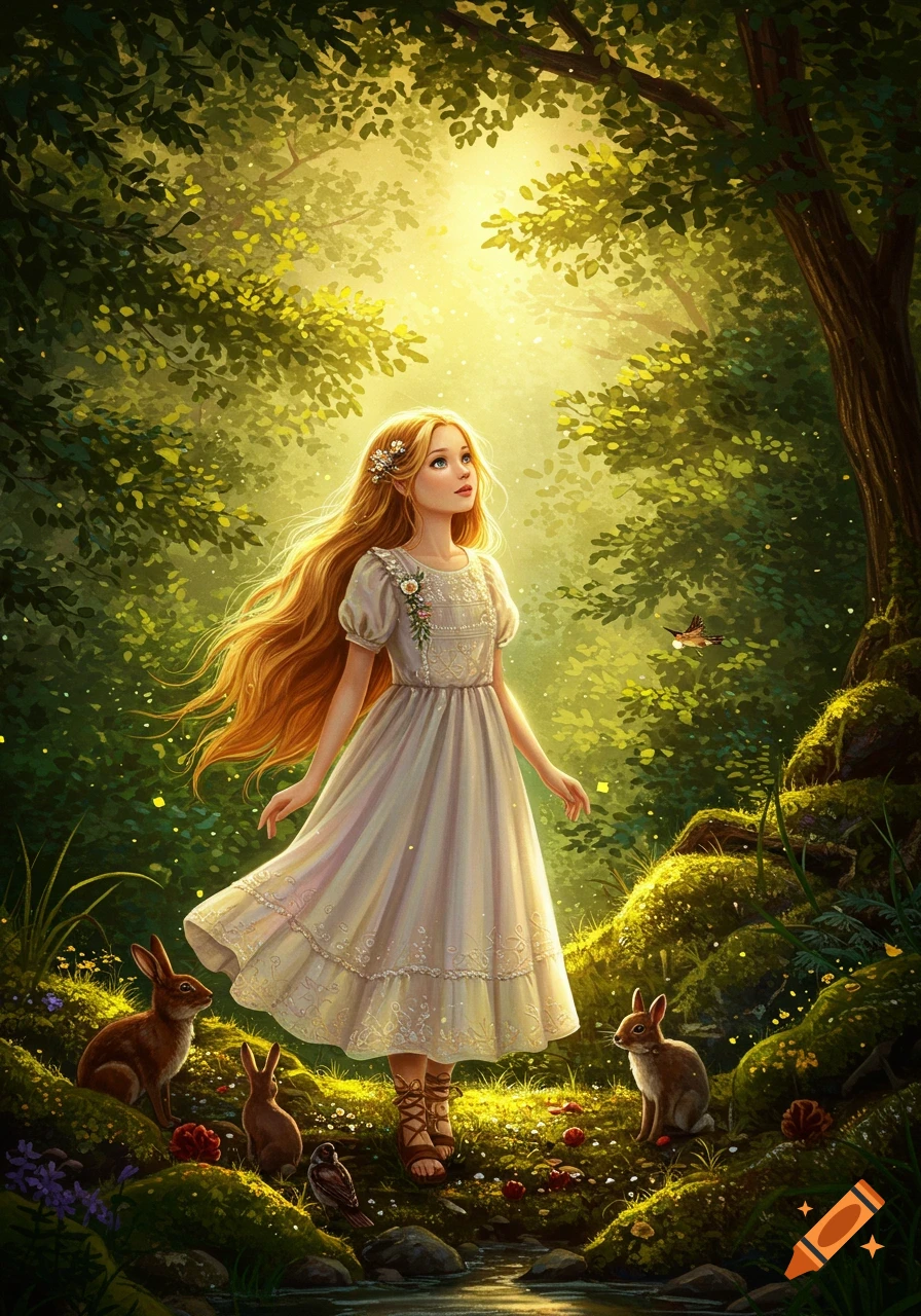 A blonde girl in a white dress stands among forest animals in a sun-drenched, enchanted forest illustration.