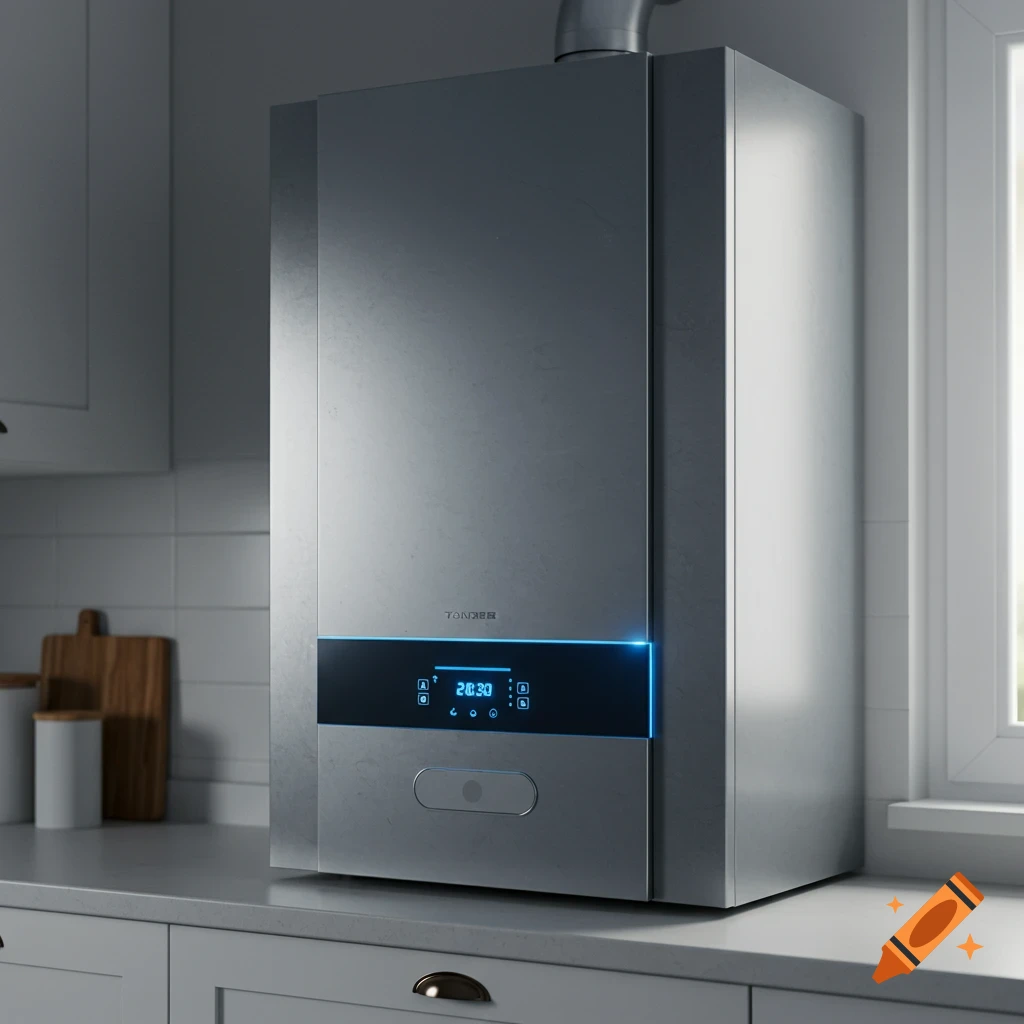 A modern, metallic grey gas boiler with a glowing blue digital display sits on a kitchen counter next to a window. Photorealistic style.