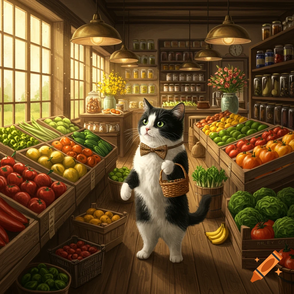 A black and white tuxedo cat stands on its hind legs in a rustic grocery store, holding a small basket amidst crates of fresh produce.