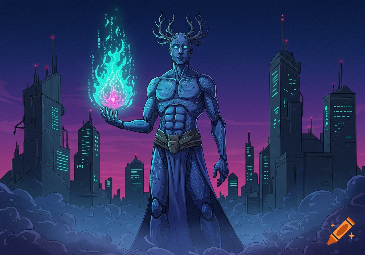 A blue-skinned, muscular, antlered cyberpunk figure with glowing eyes holds a glowing cyan and pink flame of binary code in a futuristic city at dusk. Illustrated.