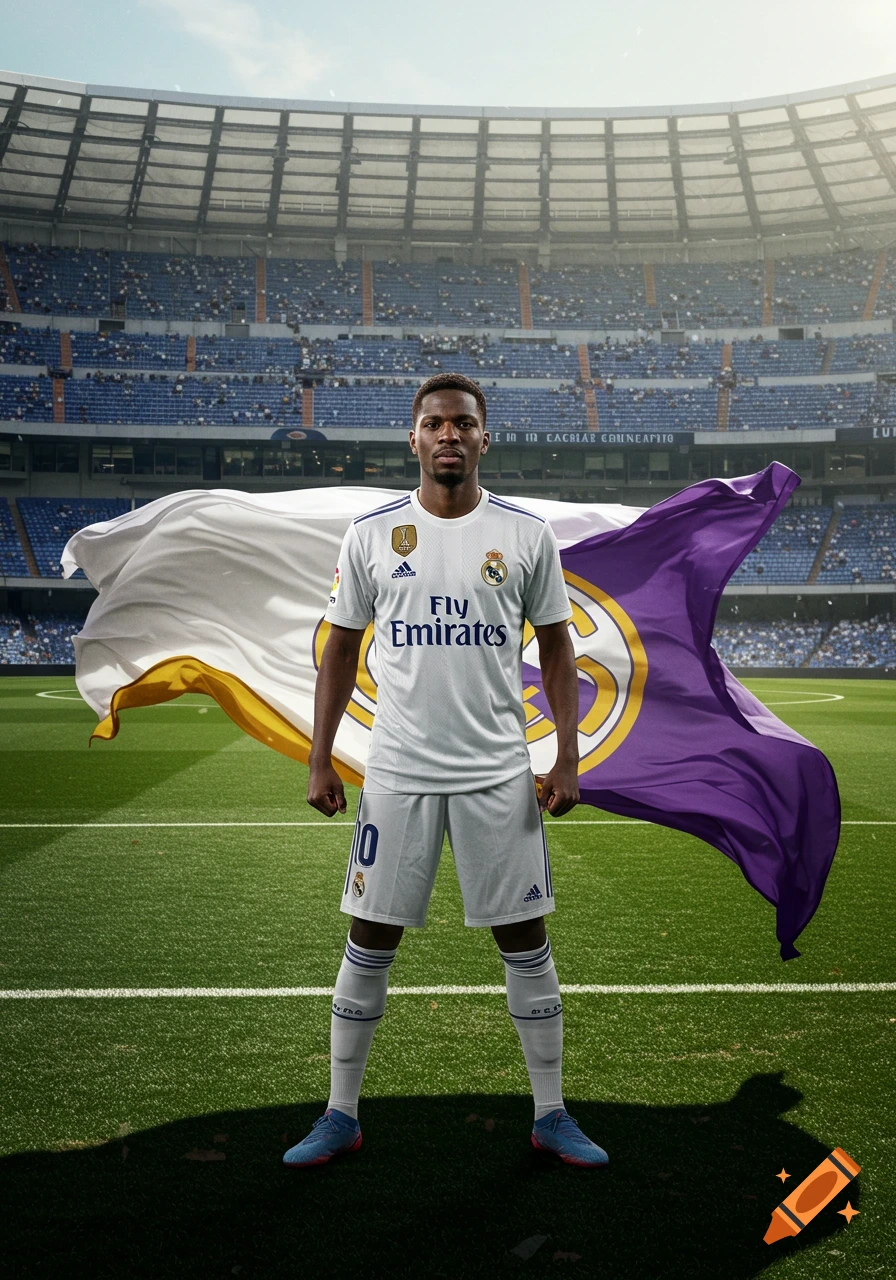 A male soccer player in a white Real Madrid kit stands on a green field in a stadium with large white and purple flags behind him.