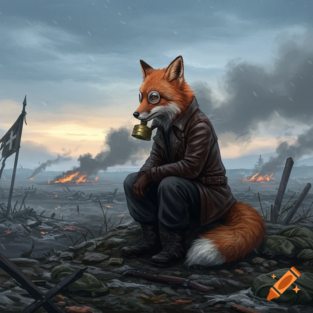 An anthropomorphic red fox in a gas mask and leather jacket sits on a hill, overseeing a fiery, war-torn landscape under a stormy sky.