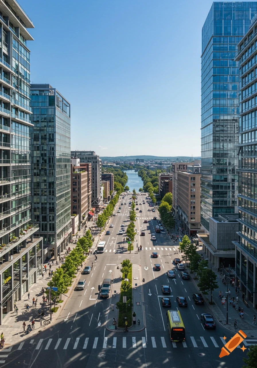 An aerial view of a bustling modern city street with tall glass buildings, cars, pedestrians, and a river in the background under a clear blue sky.